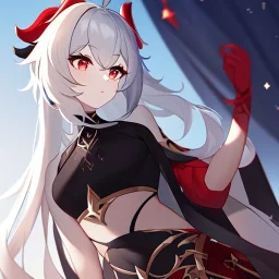 Genshin woman, Clear Focus High resolution, Calm Background, Light skinned woman, Black long beatiful hair, Red sparkling eyes, Red Horns, Black crop top, Black long bangs