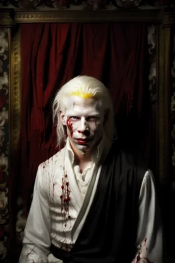 Artistic portrait of an albino vampire portrayed by Kadaj in front of a blood splattered curtain by Annie Leibovitz