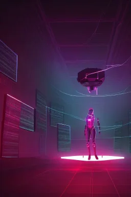 3d, si-fi hunger , far away a girl in the middle stand on round platform, connected by wires , vr, beautifully color coded, super detailed, moody lighting, volumetric lighting, night time, mass effect, vertical glow, walls