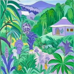 A light purple Hawaiian village in a jungle clearing painted by Henri Matisse