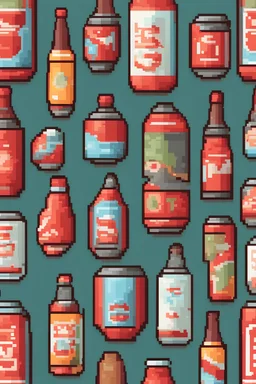 Create a walking soda pop bottle with a funny face, arms, and leg, in a modern pixel art style