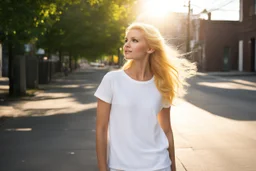 outside of a mundane American town, she is standing on the edge of the sidewalk, a young blonde girl with an air of intrigue. The sunlight dances upon her golden hair, casting a radiant halo around her delicate features. Your gaze is drawn to her attire—a pristine white t-shirt that clings to her slender form, paired with a long, flowing yellow satin skirt that sways gently with the breeze.