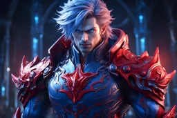 Aion in a mega cool iron super blue + Red suit with on his arms and shoulders, hdr, (intricate details, hyperdetailed:1.16), piercing look, cinematic, intense, cinematic composition, cinematic lighting, color grading, focused, (dark background:1.1)