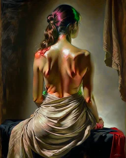 masterpiece classical academic oil painting, figurative study of a seated female figure viewed from behind, focus on anatomy, posture, and painterly texture, subject seated on a surface with a natural relaxed pose, torso slightly leaning forward the figure is partially draped in simple light fabric around the lower body and upper torso, arranged modestly, emphasizing form through light and shadow rather than exposure detailed back anatomy: visible shoulder blades, natural spine curvature, soft m