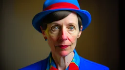 A portrait of a aduld woman, with blue eyes and short brown hair, wearing a blue hat and a blue button-down shirt with a red bow tie. The left side of his face is painted with a colorful abstract design in red, yellow, and blue. The background is a plain light gray. The lighting is soft and even, with no harsh shadows. The style is a combination of portraiture and abstract art.