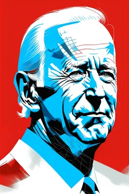 stylized stencil portrait of Joe biden in solid red, beige and (light and dark) blue with the the script 遵守 overlaid on the bottom of the image in red