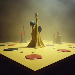 Fotografia di una superficie piatta di colore chiaro e giallo pastello, su cui si ergono surreali strutture di forma astratta e surreale, con macchie, di plastica dura, di colori vari, forti contrasti. Buio. Joan Miró odd style. Strong 3d deep field. Nebbia, oscurità, paranoic, obsessive, homologic, phobic, nightmare, notte, glossy, hasselblad h6d400c --ar 85:128 --v 6.