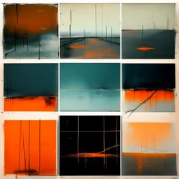 Minimal abstract oil paintings of a desolate 1960. Orange wires. On the floor are concrete fragments and road markings . In the dark mysterious style of Justin Mortimer and Francis Bacon. Triadic colours