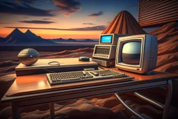 retro tech on a desk, immersive surreal landscape