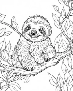 create a 2d black outline, "safari smiling cartoon sloth on a branch coloring book for kids", coloring page, low details design, black contour, coloring page design, simple background, colorful , card style, coloring page for kids, white background, sketch style, safari landscape, cartoon style