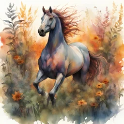 Watercolor and ink illustration of a horse galloping in a meadow by Guymick Cormic, lying among tall grass and ferns, surrounded by dense, leafy foliage and wildflowers bathed in glow amber sunrise, featuring the fantastical influences of Brian Froud combined with the dramatic and fluid styles of Carne Griffiths and Alberto Seveso, obvious 60-30-10 color harmony, interwoven mystical symbols, vibrant splashes.