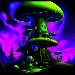 A fantabulous black, lime, and indigo (((mushroom tower house))) erected atop a (geologic pillar), surrounded by the uncanny imaginative ((( swirling skies))), offset by the stark hues of a (neon-tinged nebulous space scape), within. captured by the hand a skilled master painter with a focus on (softly blurred compositions and voluminous lighting).