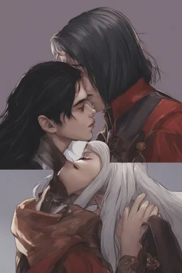 A couple from the dnd game curse of Strahd kissing, kiss, kissing She has white hair he has long black hair.