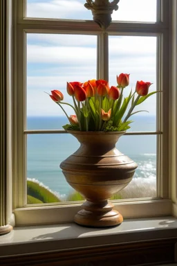 Etruscan urn holding tulips on a windowsill with a view of the sea in the background