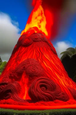 A red volcano with chaotic fire designed in Maori sculpture