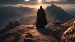 The Shadow of Death clad in a black robe standing on a mountain top, using the staff of destruction to burn the world. front to the camera. fantasy art, Cinematic lighting, Volumetric lighting, Epic composition, Very high detail, Character design, Unreal Engine, Octane render, HDR, Subsurface scattering