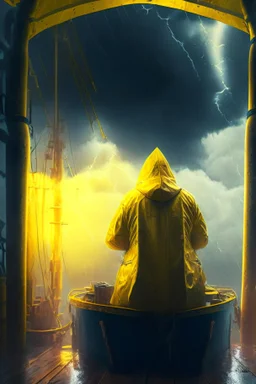 portrait of dead seafarer sitting in yellow raincoat on deck of enormous living wooden ship, storm clouds, lightening, volumetric light,depth of field, fantasy art, 4k, highly detailed, sunbeam