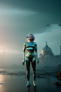 Ultra Realistic retro sci-fi scene, portrait, blonde woman clones, sweet young Marilyn Monroe face, perfect iris, tight latex coat, helmet, Strange planet background. Spaceship, fog, rain, soft color, highly detailed, unreal engine 5, ray tracing, RTX, lumen lighting, ultra detail, volumetric lighting, 3d, finely drawn, high definition, high resolution.