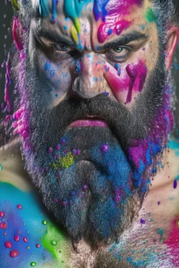 full body shot photography of an angry turkish burly bearded man 44 years old angry eyes , crossed arms, sweat wet muscular beefy, swimwear, face with big drops of multicoloured paint, curly beard, big drops dripping, big ripples of multicoloured paint, big drops on the face, eye-to-eye, dripping multicolored paint, bullneck, long curly hair dripping, photorealistic, strong top light, ambient occlusion , view from the ground