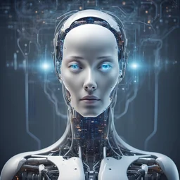 artificial intelligence looks like human opens its eyes with whole body and see the future in high technology