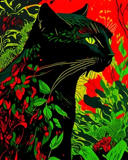 a close up of a black cat on a green background, by Dahlov Ipcar, neo-fauvism, jungle gown, detailed silhouette, made of colorful dried flowers, the smooth black jaguar, a phoenix, colourful drawing, beautiful, colours red and green, firenado, jaguar