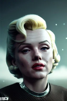 Ultra Realistic retro sci-fi scene, portrait, blonde woman, sweet young Marilyn Monroe face, perfect iris, tight latex coat, Strange planet background, Retro sci-fi style helmet. fog, rain, soft color, highly detailed, unreal engine 5, ray tracing, RTX, lumen lighting, ultra detail, volumetric lighting, 3d, finely drawn, high definition, high resolution.