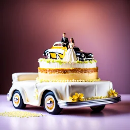 a big wedding single layer cake with a toy Luxury car without roof over cake and a small bride groom sitting in car