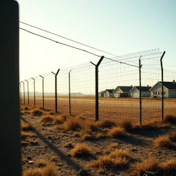 Photorealistic style, wasteland, noon-light, huge fence in the background, movie shot, details, high contrasts, fence, powder, aluminum, row of houses