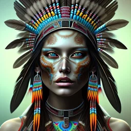 war painted pueblo Indian female, dark, disturbed expression.intricate detailethnically accurate face, intricate head dress, detailed make-up, detailed turquoise jewelry, detailed hair, detailed feathers, use dynamic palette, accurate proportions, high contrast.earnst haeckel style