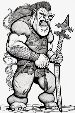 coloring book page of a gigantic troll holding a sword