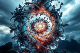Dynamic complex hypnotic fractal 3D structures Symmetry twisting and morphing between plants and geometric forms , smooth translucent iridescent glass with inner glow and bubbles, varied transparent materials, stormy skies, intense dramatic