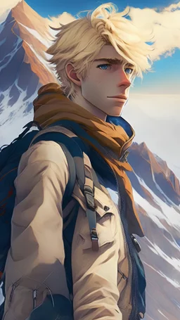anime image of a blonde-haired, handsome-looking, beautiful-eyed man standing on the top of a mountain, face facing the camera with a backpack, CGI graphic image output, greg Rutkowski style