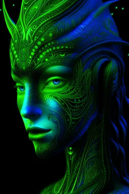 6 feet, with a slender and graceful figure. skin is a mesmerizing blend of deep, dark, reminiscent of a moonlit forest.midnight blue, emerald green, and deep purple. The skin is intricate patterns that resemble constellations, eyes are large, glowing with an eerie, phosphorescent light.a piercing shade of neon green,aura.face is framed by long, flowing tendrils of bioluminescent hair, reminiscent of glowing jellyfish tentacles.