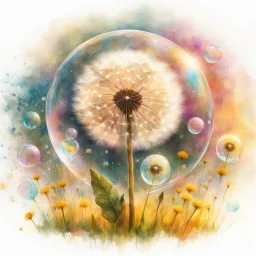 Create a watercolor and chalks painting, whimsical painterly fantasy art, a single large dandelion plant including appropriate leaves at the base of the stem, the head of the dandelion surrounded by a transparent bubble, the dandelion has gone to seed, paint splatter overlay, intuitive pastel colors, soft yellow meadow sprinkled with dandelions and small transparent bubbles in background, add reflections to the bubbles, watercolor and chalk style.