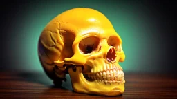 a picture of a dark, comedic, anatomically correct skull of a smiley face, photo realistic, highly detailed, yellow, old, part of a collection of bones on display on a scientists shelving, round, egg shaped eye sockets, darker background, underglass