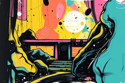 abstract air brush wih pen illustration with black fussy borders, future house future garage j-pop voices pentatonic bounce