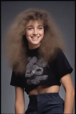 extremely tiny, thin, beautiful 18-year-old Sheena Greane with long, wavy curly, 1980's hair, wearing black strapless sports top and cotton shorts, smiling a happy smile, extremely giant, oversized, humongous orbs, pitch black background, professional quality studio 35mm 8x10 uhd photograph,