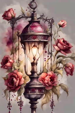 watercolor drawing of an old gothic maroon street lamp with flowers, rubies and lace, on a white background, Trending on Artstation, {creative commons}, fanart, AIart, {Woolitize}, by Charlie Bowater, Illustration, Color Grading, Filmic, Nikon D750, Brenizer Method, Side-View, Perspective, Depth of Field, Field of View, F/2.8, Lens Flare, Tonal Colors, 8K, Full-HD, ProPhoto RGB, Perfectionism, Rim Li
