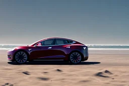 A Tesla 'Model S' is going at a high speed, at the 'Santa Monica State Beach' in California. (CINEMATIC, WIDE ANGLE LENS, PHOTO REAL)