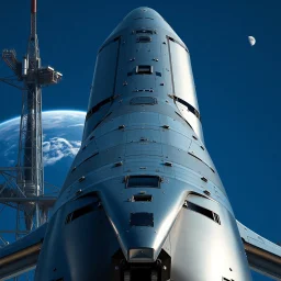 Fotografia alta definizione di un'astronave d'acciaio e leghe avanzate, con struttura principale slanciata e lucida, da poco partita dalla rampa di lancio. Sullo sfondo si vedono la Terra e la Luna, ormai piccoli punti. È il 12 gennaio 2159. 8k, 3d render, F/2.8, shot on Hasselblad. cielo blu limpido