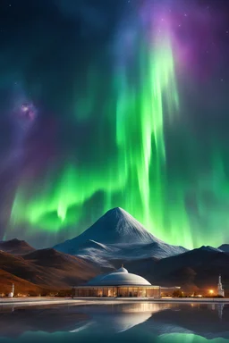 A realistic islamic mosque futuristic,K2 beautiful Mountain in the background, dramatic Aurora nebula sky.