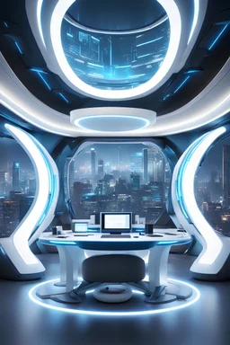 fotografia panoramica del interior de una oficina futurista, colores blanco y azul, luces de neon decorativas, gran ventanal con vistas a la ciudad de neo tokio, formas redondeadas, panoramico, sala amplia con un gran escritorio futuristico en el medio, neon ambiance, abstract black oil, gear mecha, detailed acrylic, grunge, intricate complexity, rendered in unreal engine, photorealistic