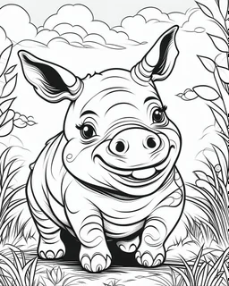 create a 2d black outline, "safari smiling cartoon rhino coloring book for toddlers", coloring page, low details design, black contour, coloring page design, simple background, colorful , card style, coloring page for kids, white background, sketch style, safari landscape, cartoon style