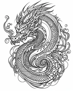 dragon tattoo idea, line art, background, vector, svg, coloring book page style, black outline on white background, leave plenty of white space beetween lines for coloring, minimalist, tattoo style, tattoo idea