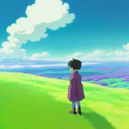 a cartoony boy's silhouette looking at a colorful land. The boy has a green cape on his back. There is a purple portal in the middle.