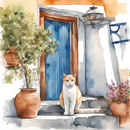 A cat in front of the entrance of a Greek taverna in Santorini. Watercolor art with ink outline