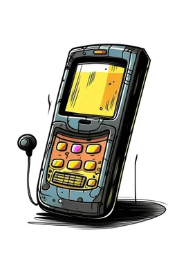 A weathered flip phone with a worn leather case, half-opened to reveal a pixelated smiley face emoji on the tiny screen. Style: Grunge, Mood: Retro-futuristic, Lighting: Neon lights reflecting off the phone's surface, T-shirt design graphic, vector, contour, white background.