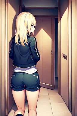 blonde girl with short jacket and shorts runs in a corridor in front at a mystery door, back view, line arts, manga style