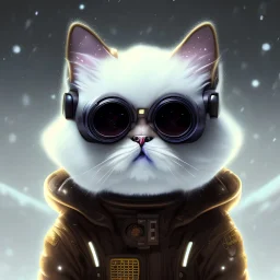 Cyberpunk Portrait of cyborg Persian cat child with brown hair and with cute face, north pole snowy vibe , perfect composition, hyperrealistic, super detailed, 8k, high quality, trending art, trending on artstation, sharp focus, studio photo, intricate details, highly detailed, by greg rutkowski