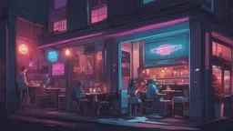 Isometric, cyberpunk, cafe, comic book art style, night time